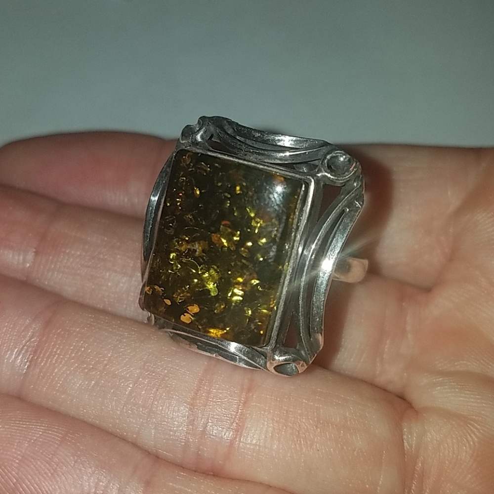 Green amber sterling silver ring, size 7
